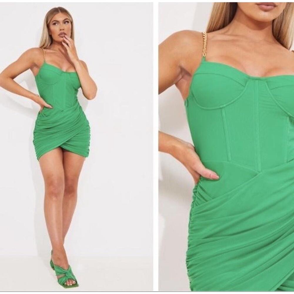 Green Corset Bodycon Mini Dress Gold Chain Straps – Size 6